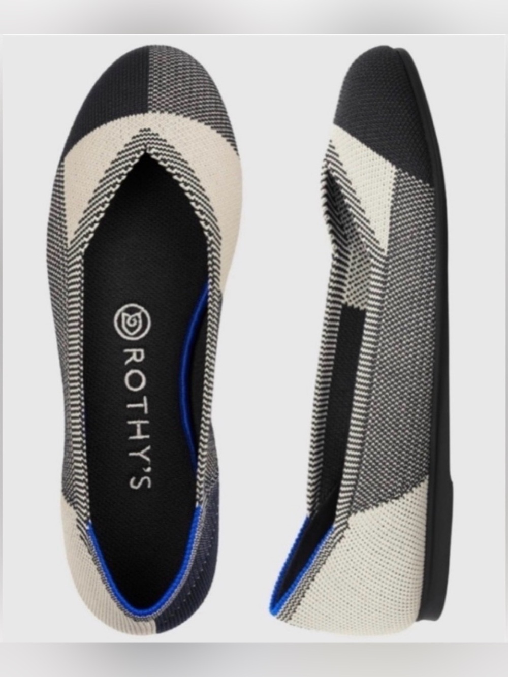 Rothy’s The Flat Cap-Toe in Black & White Plaid Geometric Round Toe Ballet Sz 12 - Picture 2 of 11